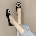 2021 autumn new Korean flat sole single shoes Square Head shallow mouth pearl buckle soft bottom pea shoes comfortable women's shoes wholesale 