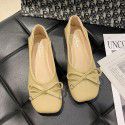 Single shoe lady 2022 summer and autumn new shallow mouth square head bean shoes bow flat bottom fairy style grandma shoes lady scoop shoes