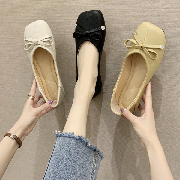 Single shoe lady 2022 summer and autumn new shallow mouth square head bean shoes bow flat bottom fairy style grandma shoes lady scoop shoes